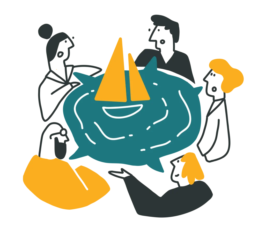 Grupa osób na platformie symbolizująca współpracę i komunikację NVC w biznesie.