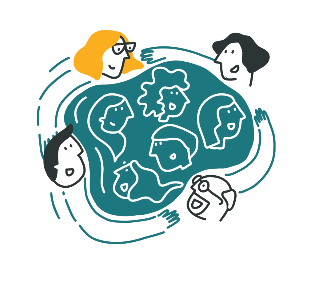 Grupa ludzi w kole symbolizująca praktykę empatii i bezpieczną przestrzeń do rozmów.