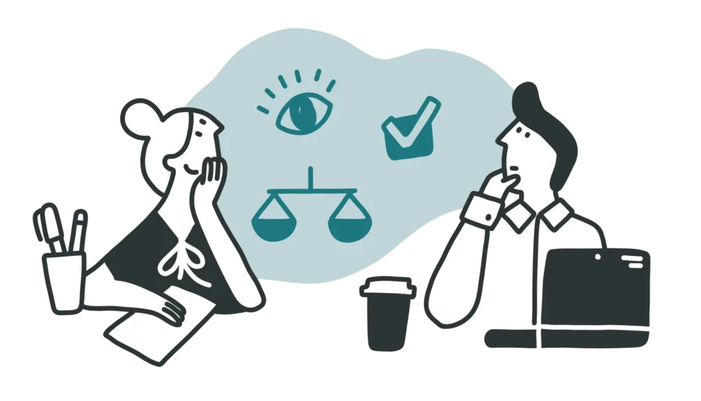 Ilustracja przedstawiająca dwoje ludzi rozmawiających o wspólnych decyzjach i empatii – kurs NVC online.